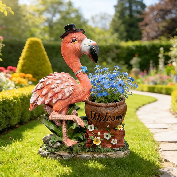 TIMOREN Outdoor Garden Sculpture Flamingo Flower Pot Planter with Top Hat and Bowtie, Unique Resin Yard Statue Decoration for Lawn or Porch