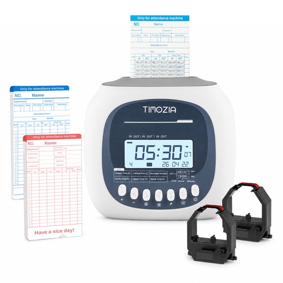 TIMOZIA Time Clock for Employees Small Business, 6 U.S. Time Zones, Automatic Daylight Saving & Auto Time Update, Punch Card Time Recorder with 6 Punches Per Day-100 Time Cards and 2 Ribbons