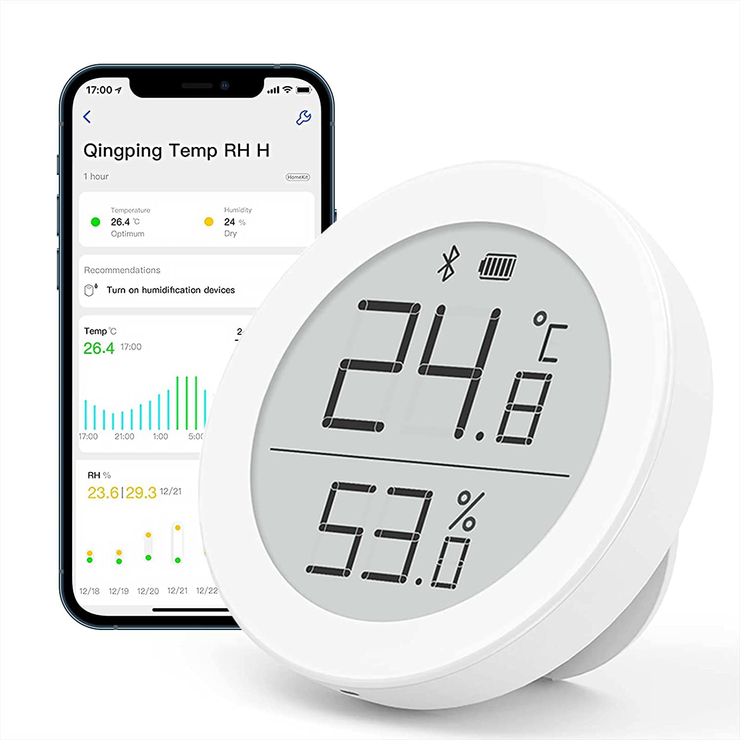 TIMPCV Bluetooth Digital Thermometer Hygrometer Sensor Works with HomeKit  (Only Works with iOS), Wireless Indoor Temperature and Humidity Monitor  with