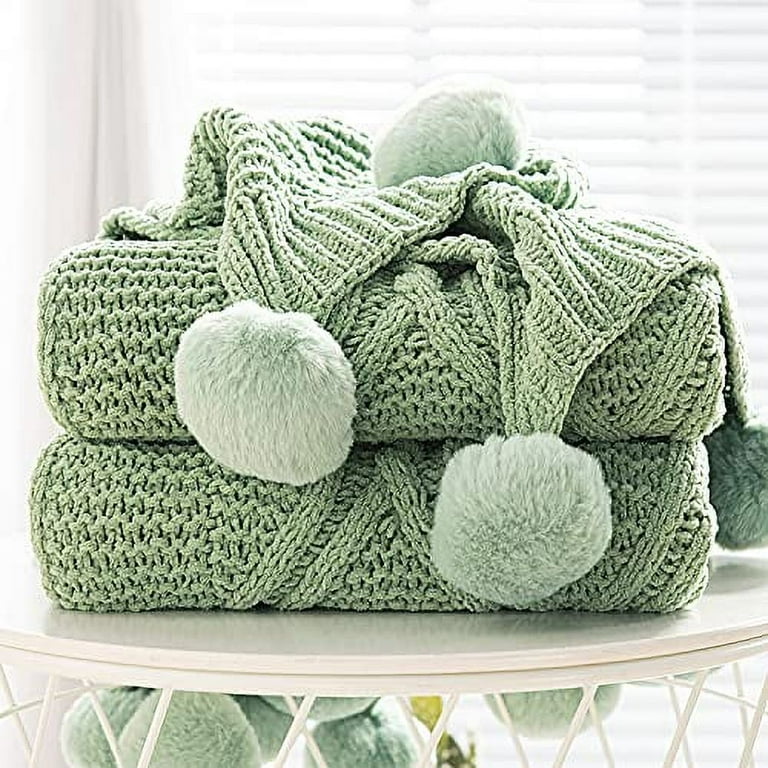 TIMPCV Wekity Chunky Knit Blanket with pom poms Soft Big Cozy Throw Blankets for Couch Bed Sofa Chair 51 63 Inches Sage Green