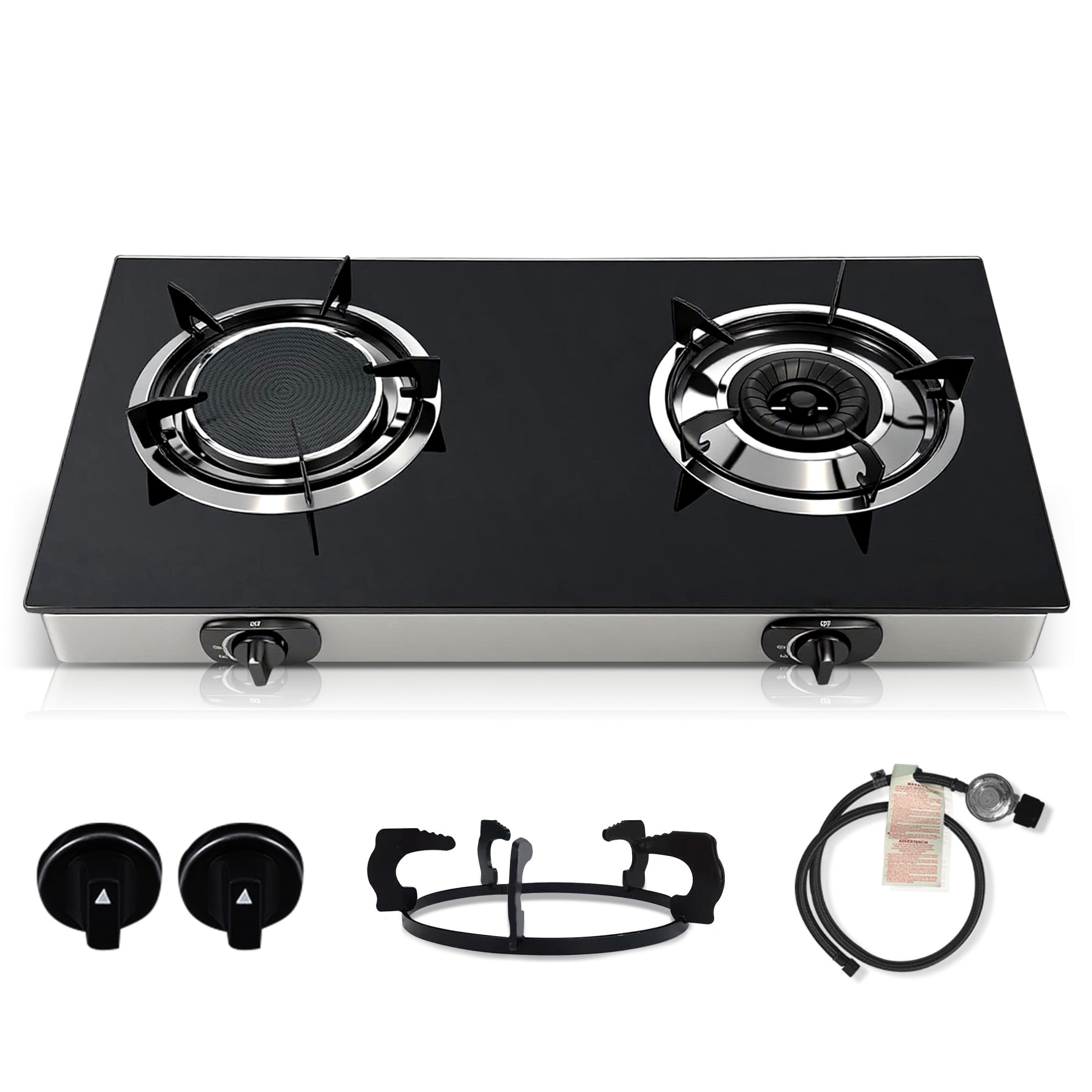 TIMVAGO 2-Burner Gas Stove with Tempered Glass Cover, Infrared & Blue Swirl Flame Burners, Includes Hoses & Regulator, LPG, for Outdoor, Patio, Camping, Kitchen, Christmas Gift