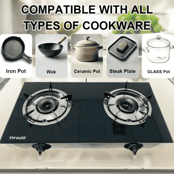 TIMVAGO 2-burner portable stove | Durable metal stove with tempered glass panel, LPG, hose and regulator included, suitable for kitchen, camping, outdoor, RV, etc