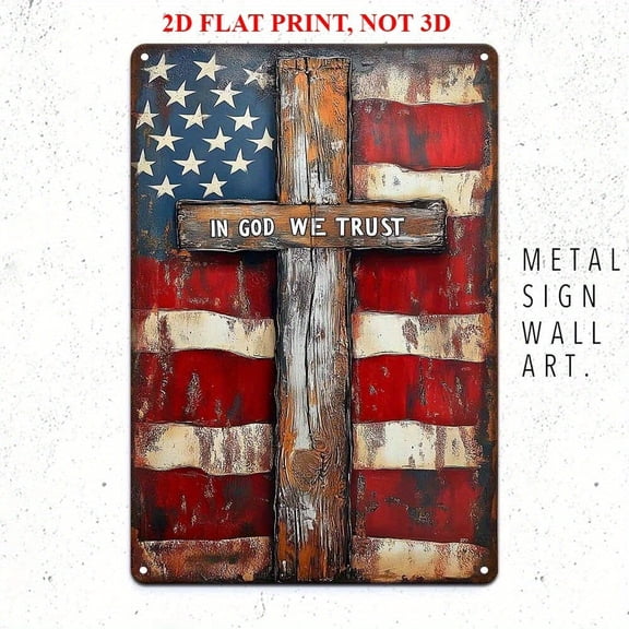 TIN SIGN American Flag with Cross Patriotic Sign Rustic Distressed Metal Decor