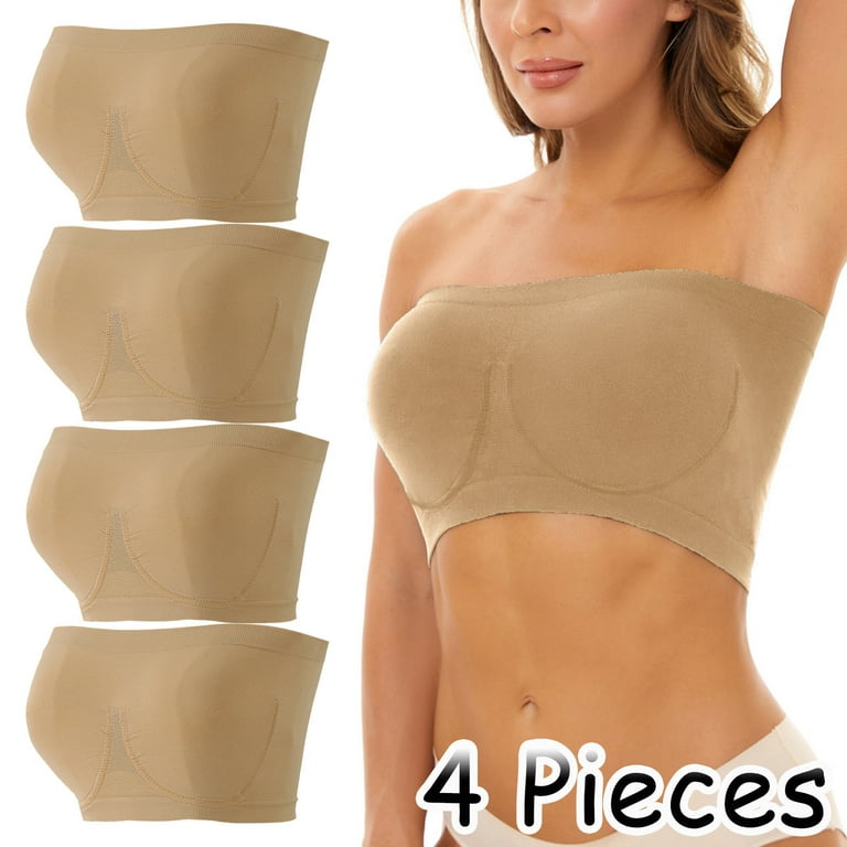 TINAEK Gathering Breast Strapless Bras for Women Push Up 4 Pack Seamless  Full Coverage Compression Formal Bra Tube Crop Top Bandeau for Women