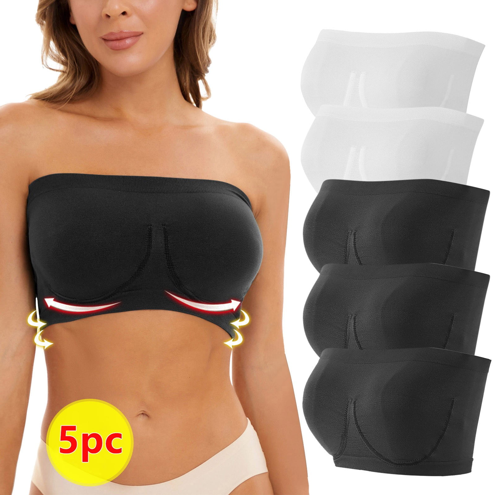 TINAEK Non Slip Strapless Bra for Large Breasts for Women 5 Pack Seamless  Compression Full Coverage Elegant Tube Crop Bandeau Bra Top for Women 