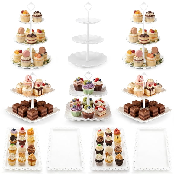 TINANA 10 PCS Plastic Cake and Cupcake Stand Set, 3 Two-Tier Stands, 3 Three-Tier Stands, 4 Appetizer Trays, for Birthday, Bridal, and Baby Shower Parties, White