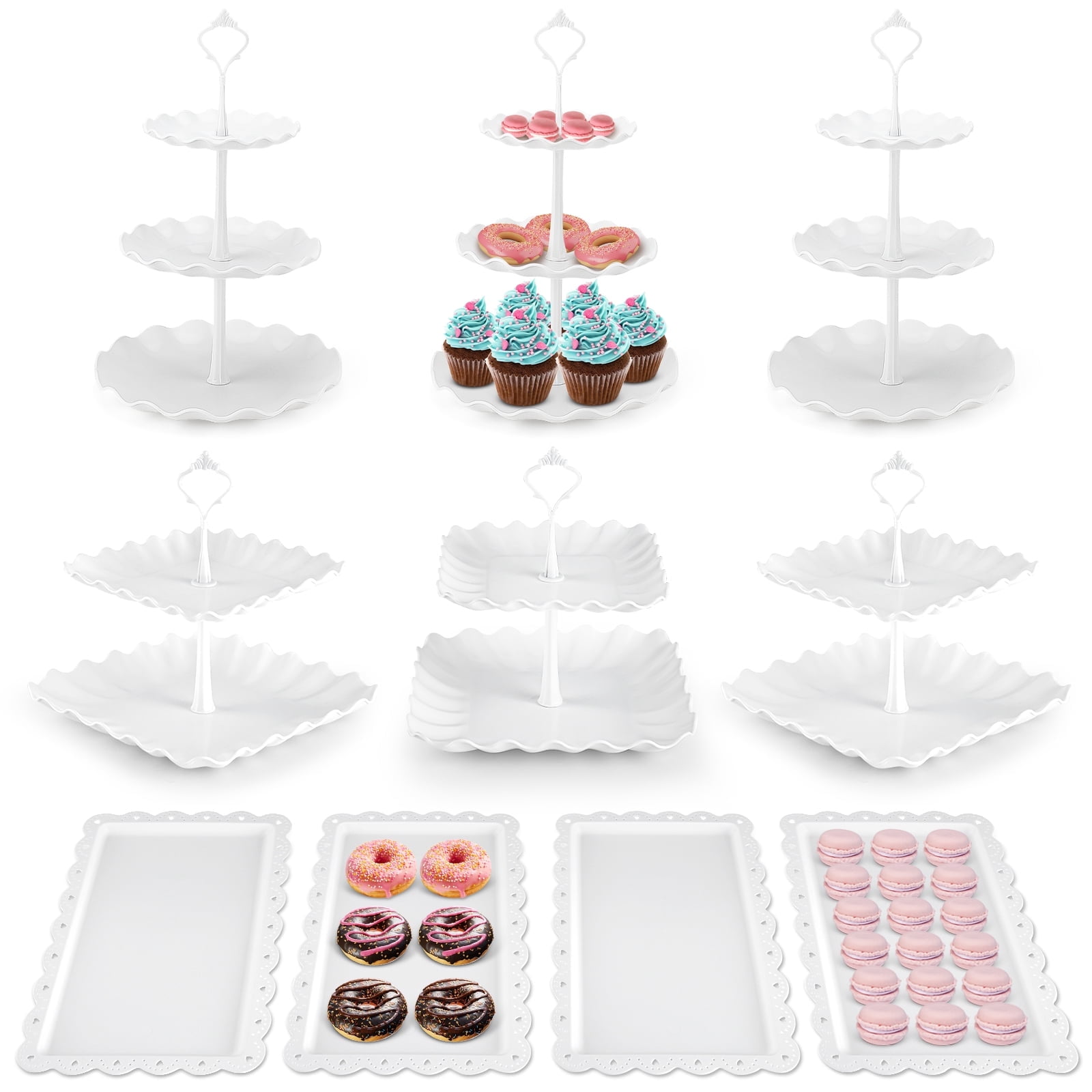 TINANA 10 PCS Plastic Cake and Cupcake Stand Set, 3 Two-Tier Stands, 3 Three-Tier Stands, 4 Appetizer Trays, for Birthday, Bridal, and Baby Shower Parties, White