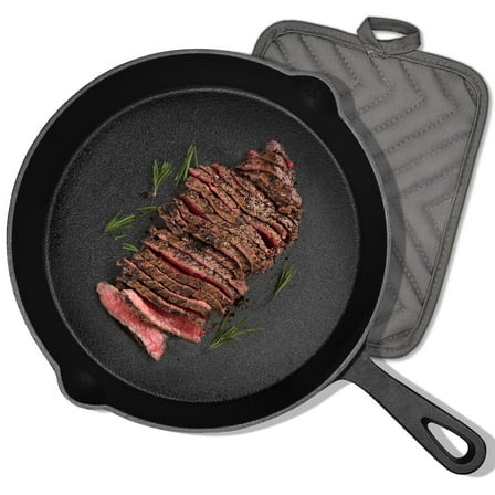 TINANA 10 inch Pre-Seasoned Cast Iron Skillet with Handle and Dual-Use Insulating Pad