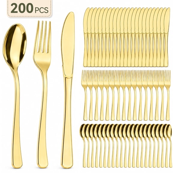 TINANA 200-Piece Gold Plastic Silverware Set, Disposable Forks, Spoons and Knives for Weddings, Parties and Catering