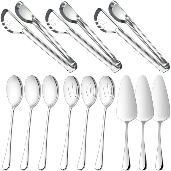 TINANA 12-Piece Stainless Steel Serving Utensil Set, Spoons, Tongs and Cake Servers, Silver
