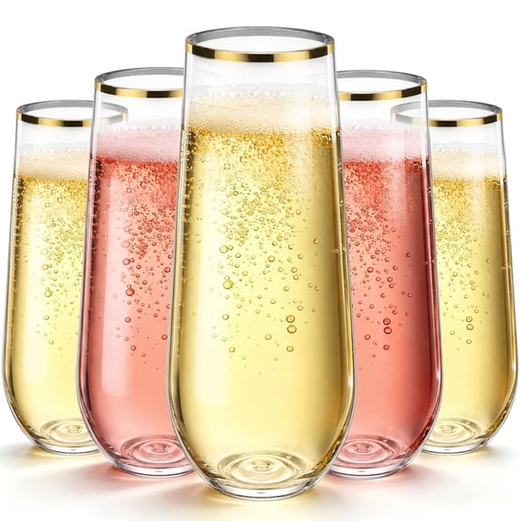 TINANA 24 Pack 9.5 oz Gold Rim Plastic Champagne Flutes, Clear Stemless PET Cups for Weddings, Parties, Mimosas & Sparkling Drinks