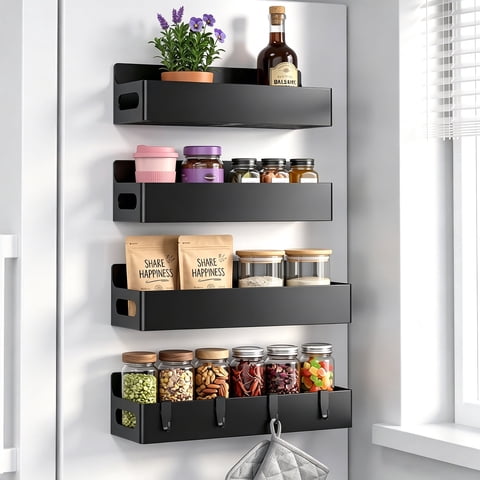 TINANA Magnetic Spice Rack Organizer 4 Pack for Refrigerator, Moveable Fridge Shelves for Oven, Microwave & Kitchen Storage, Black
