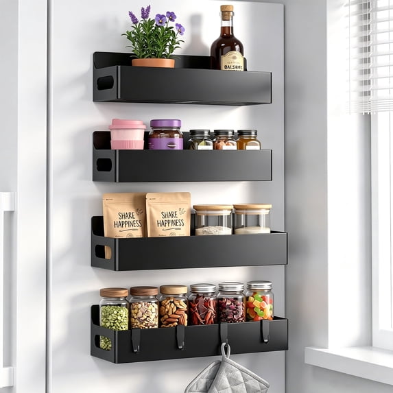 TINANA Magnetic Spice Rack Organizer 4 Pack for Refrigerator, Moveable Fridge Shelves for Oven, Microwave & Kitchen Storage, Black