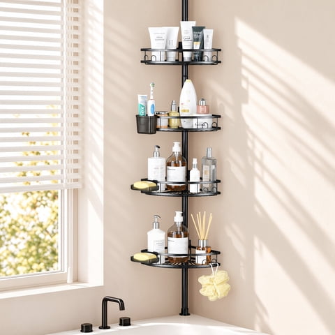 TINANA 4-Tier Corner Shower Caddy, 43.5-120 in Adjustable Tension Pole Bathroom Organizer, No-Drill Stainless Steel, Black