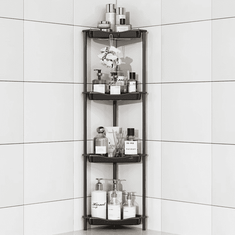 TINANA 4-Tier Corner Shower Caddy, Plastic Freestanding Corner Shelf Organizer with Drainage Shelves Hooks for Bathroom, Rest Room, Black