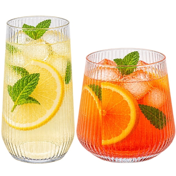 TINANA 48-Piece Clear Plastic Cups Set, 24 Tall 9 oz & 24 Short 12 oz Ribbed PET Drinking Glasses for Parties, Cocktails & Juice