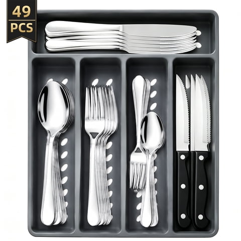 TINANA 48 PCS Silverware Sets with Organizer, Silver Flatware Set Set for 8, Premium Stainless Steel Cutlery Utensil Set with Steak Knives Forks and Spoons, Dishwasher Safe