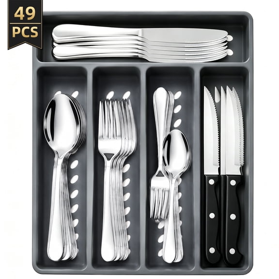 TINANA 48 PCS Silverware Sets with Organizer, Silver Flatware Set Set for 8, Premium Stainless Steel Cutlery Utensil Set with Steak Knives Forks and Spoons, Dishwasher Safe