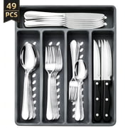 TINANA 48 PCS Silverware Sets with Organizer, Silver Flatware Set Set for 8, Premium Stainless Steel Cutlery Utensil Set with Steak Knives Forks and Spoons, Dishwasher Safe