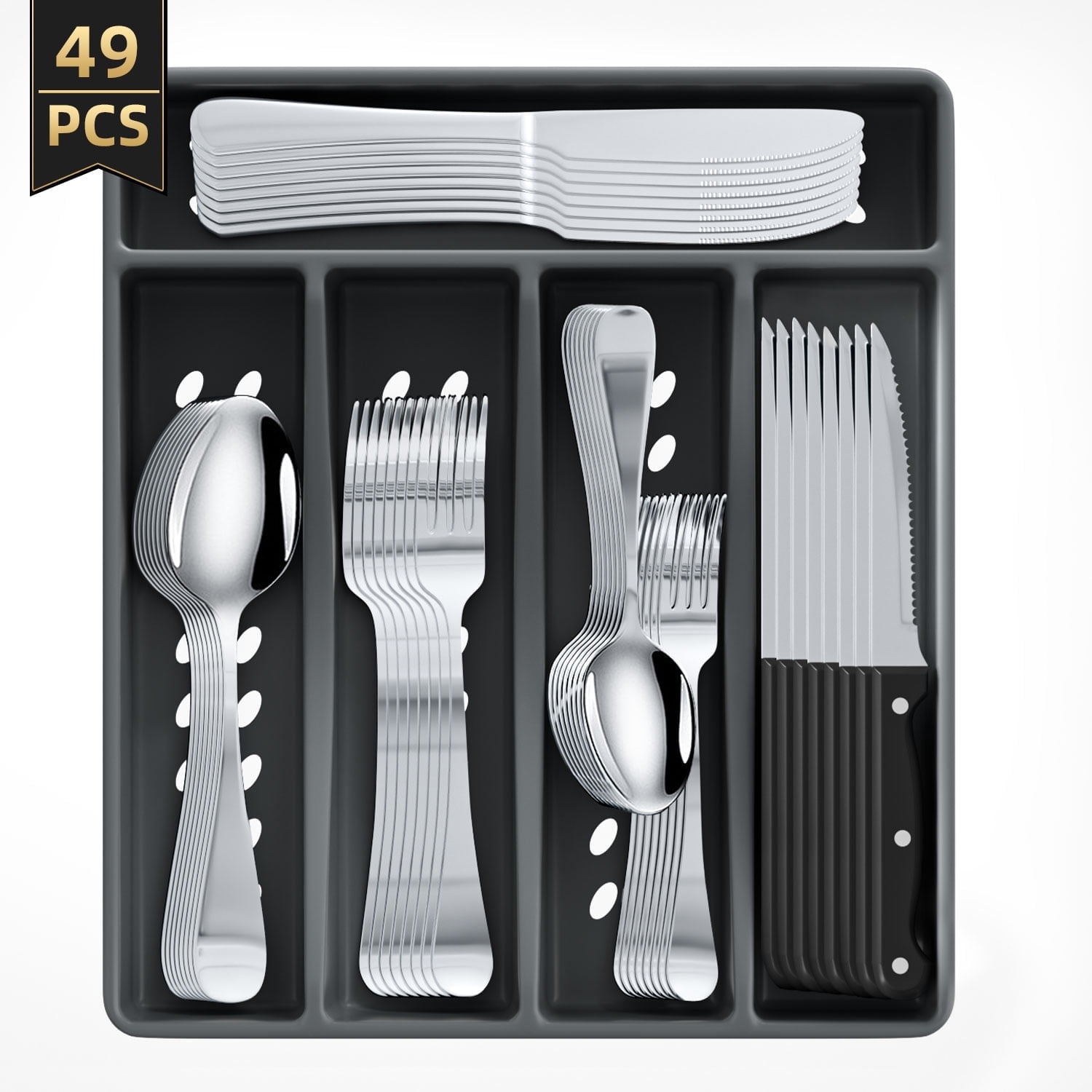 TINANA 48 PCS Silverware Sets with Organizer, Silver Flatware Set Set for 8, Premium Stainless Steel Cutlery Utensil Set with Steak Knives Forks and Spoons, Dishwasher Safe
