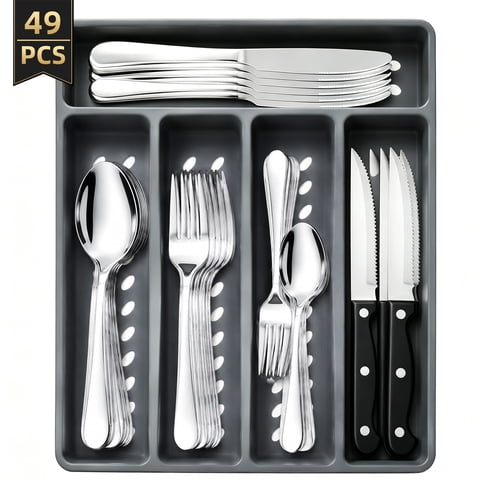 TINANA 48 PCS Silverware Sets with Organizer, Silver Flatware Set Set for 8, Premium Stainless Steel Cutlery Utensil Set with Steak Knives Forks and Spoons, Dishwasher Safe