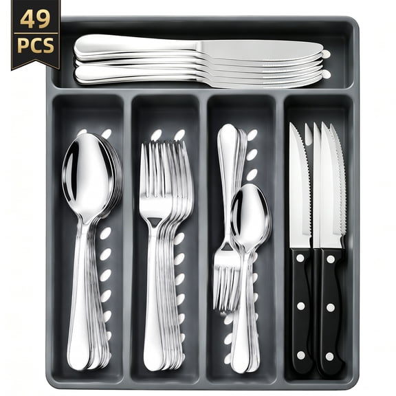 TINANA 48 PCS Silverware Sets with Organizer, Silver Flatware Set Set for 8, Premium Stainless Steel Cutlery Utensil Set with Steak Knives Forks and Spoons, Dishwasher Safe