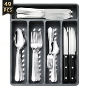 TINANA 48 PCS Silverware Sets with Organizer, Silver Flatware Set Set for 8, Premium Stainless Steel Cutlery Utensil Set with Steak Knives Forks and Spoons, Dishwasher Safe