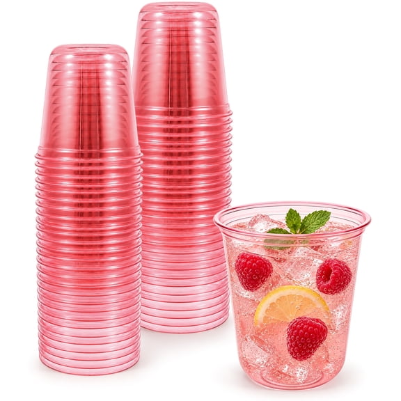 TINANA 50 Pack 10 oz Pink Plastic Cups, Disposable PET Party Cups, Stackable Drinkware for Weddings, Birthdays, Picnics & Events