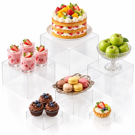 TINANA 6-Piece Clear Acrylic Display Risers, 6 Sizes Stackable Buffet Stands & Storage Boxes for Desserts, Parties & Decor
