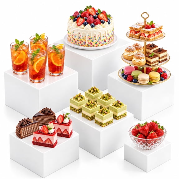 TINANA 6-Piece White Buffet Risers, Stackable Plastic Display Stands & Storage Boxes, 6 Sizes for Desserts, Catering, Parties and Decor