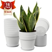 TINANA 6 inch Plastic Planters for Indoor Flower Pots 16 Pack, Heavy Duty and Stylish 6 Inch Plant Pots for Indoor Plants with Drainage Holes and Tray for Plants, Flowers-White