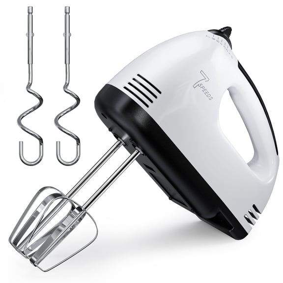 TINANA 7-Speed Electric Hand Mixer with 2 Beaters & 2 Dough Hooks, Eject Button, Ergonomic Grip, Compact White Kitchen Mixer