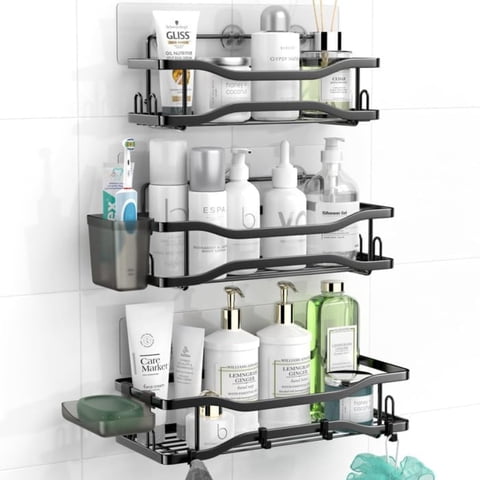 TINANA Adhesive Shower Caddy 3 Pack, No-Drill Stainless Steel Bathroom Wall Shelves with Toothpaste Holder, Soap Holder and 4 Hooks, Black