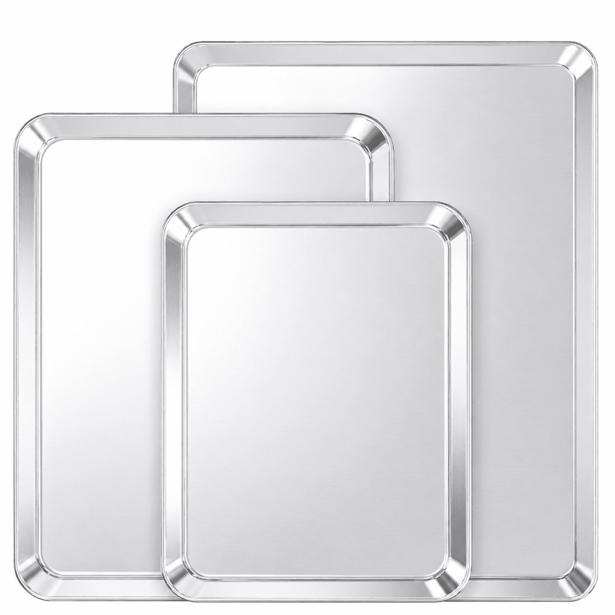 TINANA Baking Sheet Set of 3, Stainless Steel Cookie Sheet, Toaster Oven Baking Pan Set, Rectangle Size 10/13/16 inch, Mirror Finish & Rust Free, Dishwasher Safe