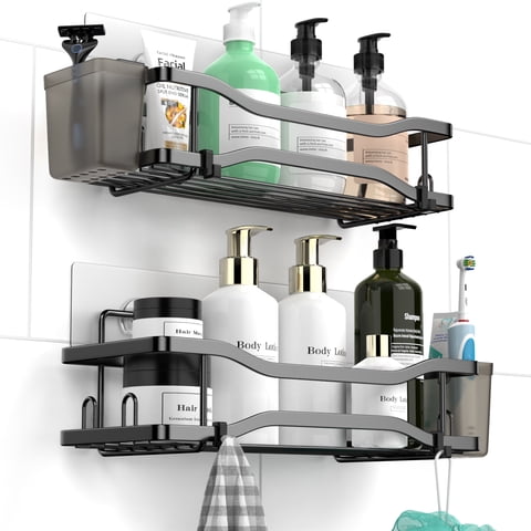 TINANA Adhesive Shower Caddy 2 Pack, No-Drill Stainless Steel Bathroom Wall Shelves with 2 Toothpaste Holders and 4 Hooks, Black