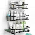 thumbnail interactive-video image 1 of TINANA Bathroom Shower Caddy , 3 Pack Stainless Steel Adhesive Shelves with Hooks, Toothpaste & Soap Holder, No Drilling Rustproof Bathroom Shower Organizer for Shower Storage Black, 1 of 7