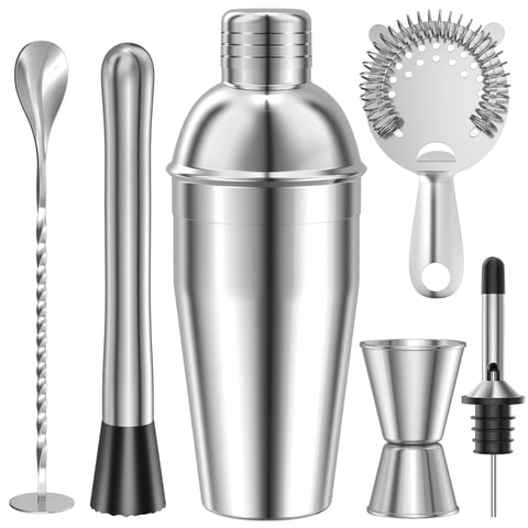 TINANA 6 PCS Cocktail Shaker Set, 25oz Shaker, Strainer, Muddler, Jigger, Mixing Spoon, Pour Spout, Stainless Steel Bartender Kit, Perfect for Home, Bar, or Gift