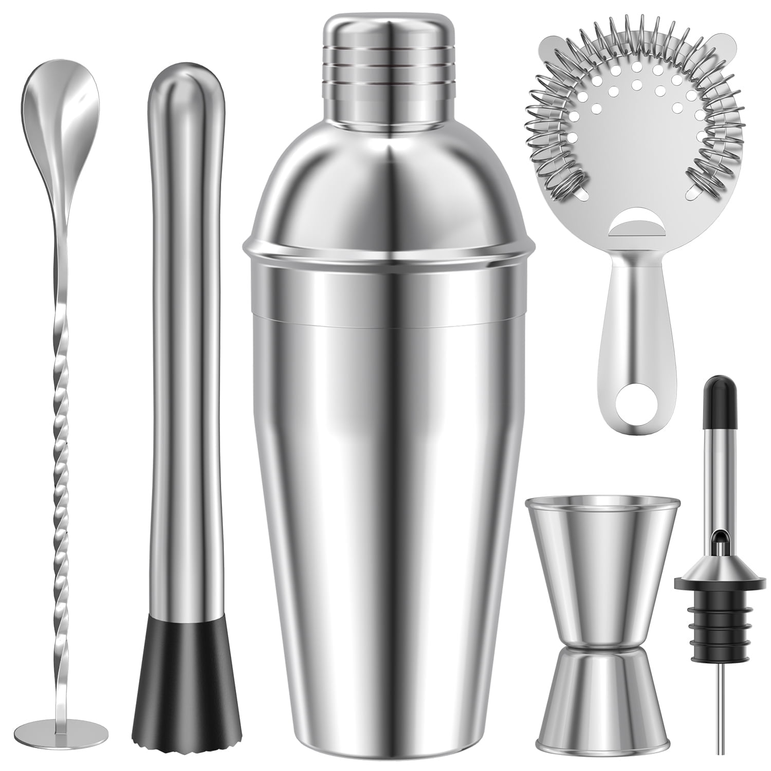 TINANA 6 PCS Cocktail Shaker Set, 25oz Shaker, Strainer, Muddler, Jigger, Mixing Spoon, Pour Spout, Stainless Steel Bartender Kit, Perfect for Home, Bar, or Gift