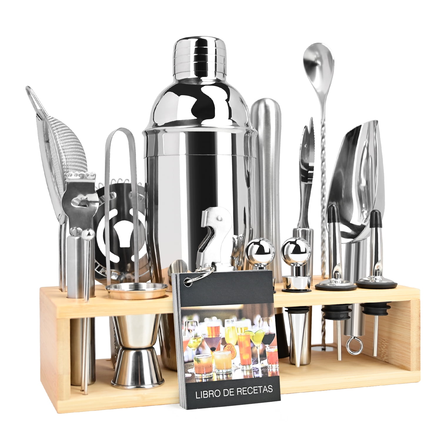 TINANA Cocktail Shaker Set: 18 PCS Mixology Bartender Kit with Bamboo Stand,Bar Tool Set for Cocktail with Shaker, Jigger & Muddler, Bar Set, Silver - Walmart.com