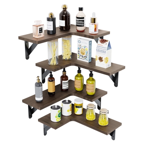 TINANA Corner Floating Shelves, Set of 4 Corner Wall Shelves, Shelves for Wall Decor, Corner Wood Shelves for Home Decor, Office, Bedroom, Bathroom, Laundry Room, Kitchen, Brown