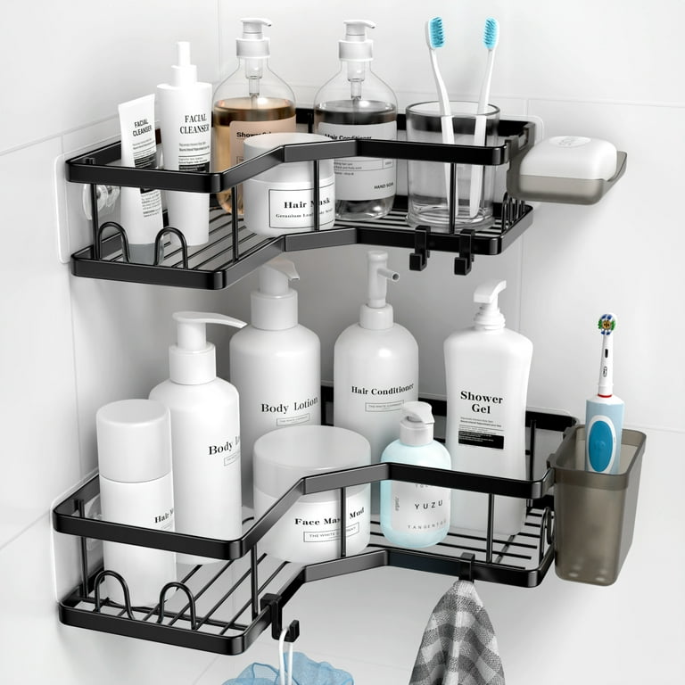 2-Pack Adhesive Shower Caddy Shelf - Black, No-Drill Bathroom Organizer  Hooks