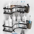 thumbnail interactive-video image 1 of TINANA Corner Shower Caddy, 2 Pack Adhesive Shower Corner Organizer Shelves, Stainless Steel Shower Storage Rack with Hooks, Toothpaste Holder, No Drilling for Bathroom, Dorm and Kitchen-Black, 1 of 7