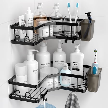 TINANA Corner Shower Caddy, 2 Pack Adhesive Shower Corner Organizer Shelves, Stainless Steel Shower Storage Rack with Hooks, Toothpaste Holder, No Drilling for Bathroom, Dorm and Kitchen-Black