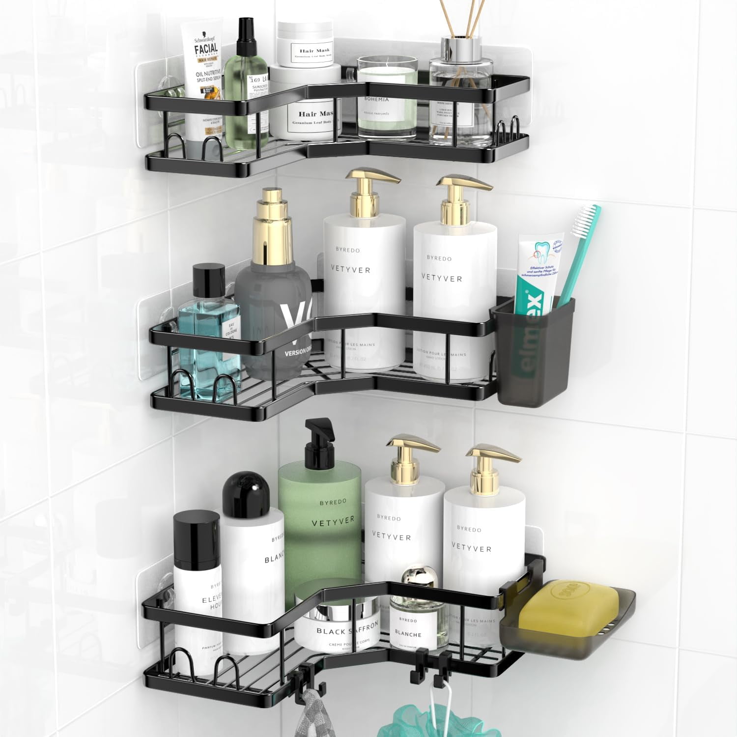 Shower Caddy, 5 Pack Adhesive Shower Organizer with 28 Hooks Wall Shampoo  Holder for Bathroom Storage & Kitchen, Rustproof Large Shower Caddy Shelf