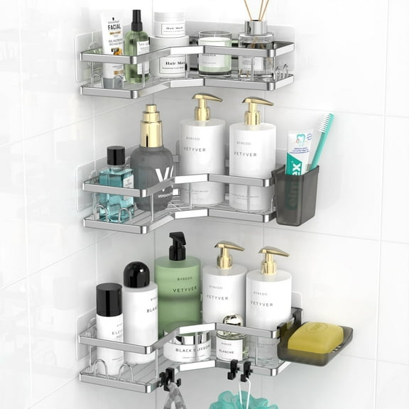 TINANA Corner Shower Caddy, 3 Pack Adhesive Shower Corner Organizer Shelves, Stainless Steel Shower Storage Rack with Hooks Toothpaste Soap Holder No Drilling for Bathroom Dorm and Kitchen, Silver
