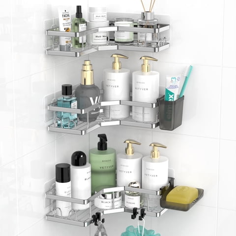 TINANA Corner Shower Caddy, 3 Pack Adhesive Shower Corner Organizer Shelves, Stainless Steel Shower Storage Rack with Hooks Toothpaste Soap Holder No Drilling for Bathroom Dorm and Kitchen, Silver