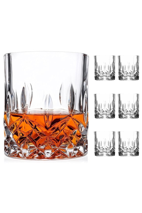 Crystal Cut Whiskey Glasses 6 pack: 10oz Ultra-Clear Old Fashioned Glass, Premium Lead-Free Crystal Glass Tumbler For Drinking Bourbon, Scotch, Cognac, Cocktails