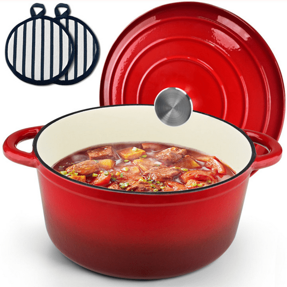 TINANA Enameled Cast Iron Dutch Oven, 5.5QT Pot with Lid and Cotton Potholders, Heavy-Duty Cookware for Braising, Stews, Roasting, Red