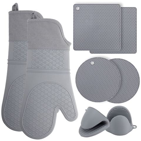 TINANA Extra Long Silicone Oven Mitts Pot Holders Sets, Heat Resistant Oven Mittens with Mini Oven Gloves and Hot Pads Pot Holders for Kitchen Baking and Cooking, 8 Pcs