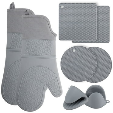 TINANA Extra Long Silicone Oven Mitts Pot Holders Sets, Heat Resistant Oven Mittens with Mini Oven Gloves and Hot Pads Pot Holders for Kitchen Baking and Cooking, 8 Pcs